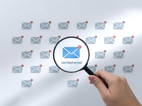 Hand holding magnifying glass on verified email