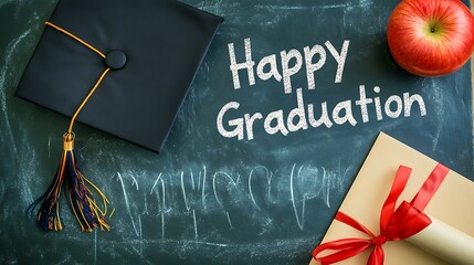 Graduation ceremony's chalkboard message with celebratory items.