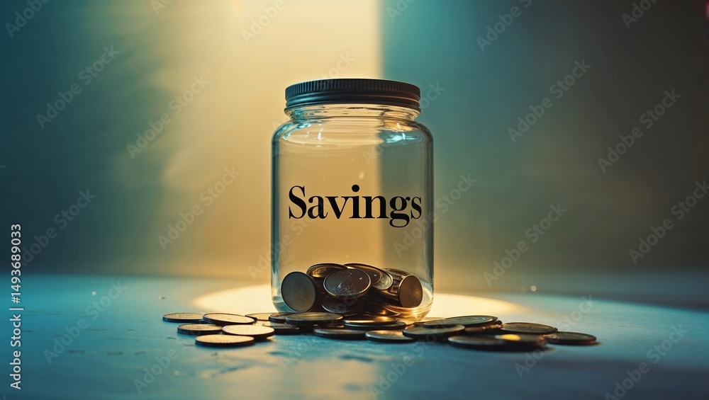 Poster savings jar filled with coins illuminated by soft light in a dim setting during evening hours