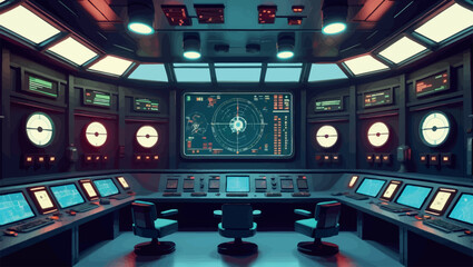 Retro control room. Vector illustration of a sci-fi command center with analog tech and glowing radar screens.