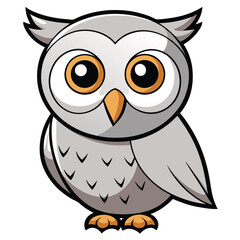 Gray owl character with yellow eyes and beak stands on white background
