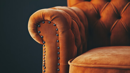 Orange Chesterfield Chair: The luxurious armrest of an orange chesterfield chair commands attention with its soft velvety texture, classic button tufting, and sleek metal studding.