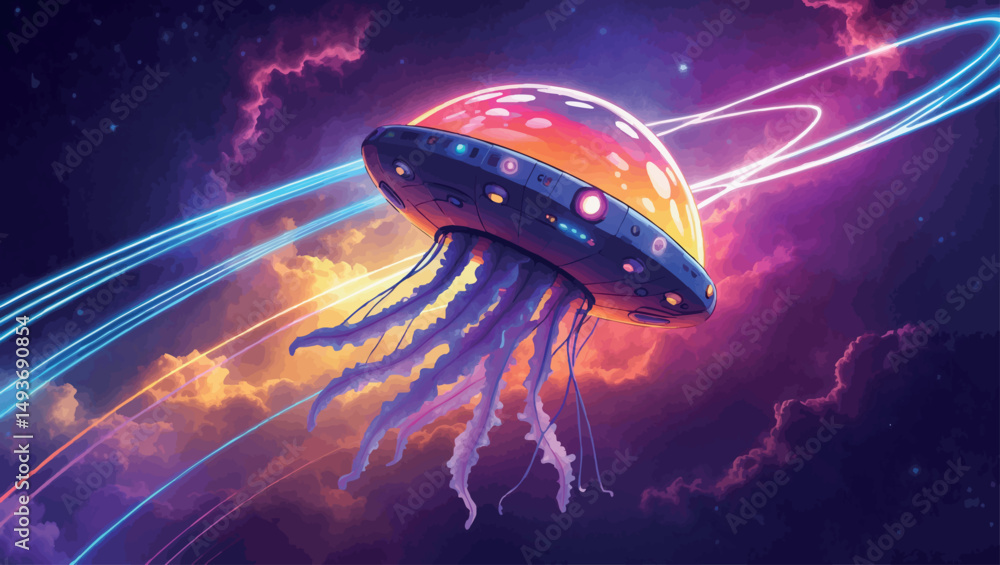 Poster jellyfish spaceship in rainbow nebula. psychedelic sci-fi vector with neon trails and galactic haze.