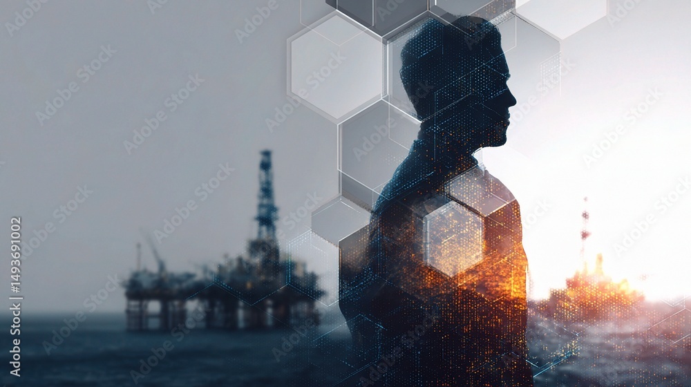 Poster man silhouette overlay with offshore drilling and blockchain graphics