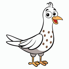 Happy cartoon pigeon with brown spots stands cheerfully against a bright white background