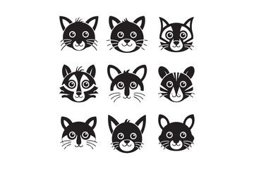 Cute Animal Face Icons Cat, Raccoon, Pet Silhouette Vector Set