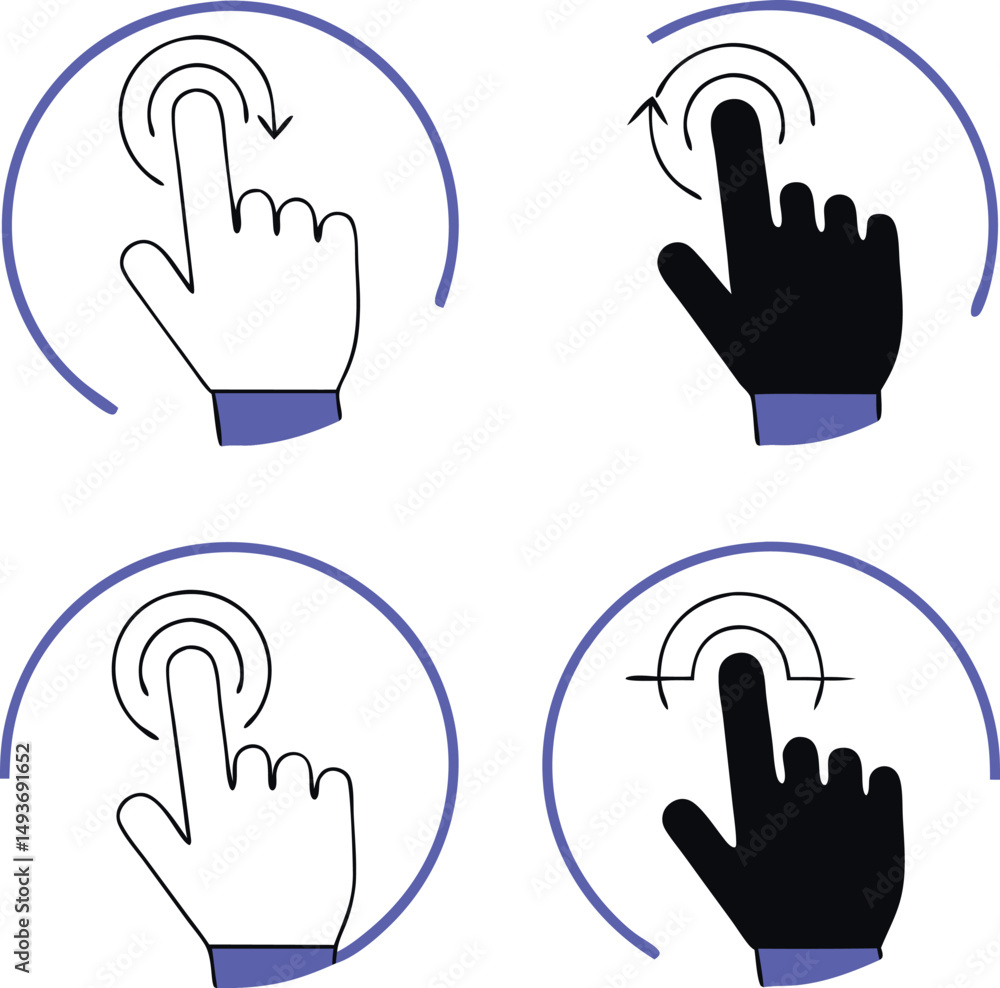 Poster hand gestures representing touch interaction and rotation symbols in vector design