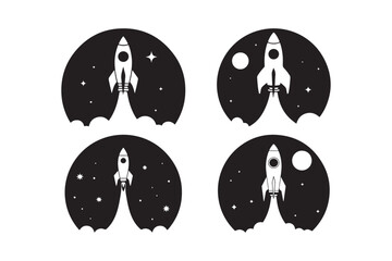 Rocket Launch Icons Spacecraft Silhouette Vector Set with Stars and Moon