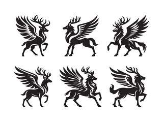  Set of Six Winged Deer Illustrations in Black Silhouette Style