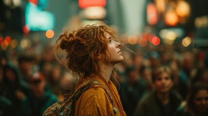Obraz premium Teen Girl with Graphic Backpack and Messy Bun Navigating a Lively Urban Crowd in Vibrant City Atmosphere