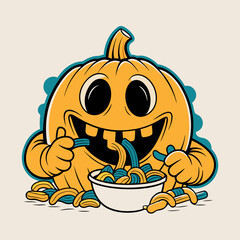 Happy pumpkin character enjoying a bowl of pasta