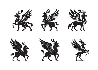  Set of Six Winged Deer Illustrations in Black Silhouette Style