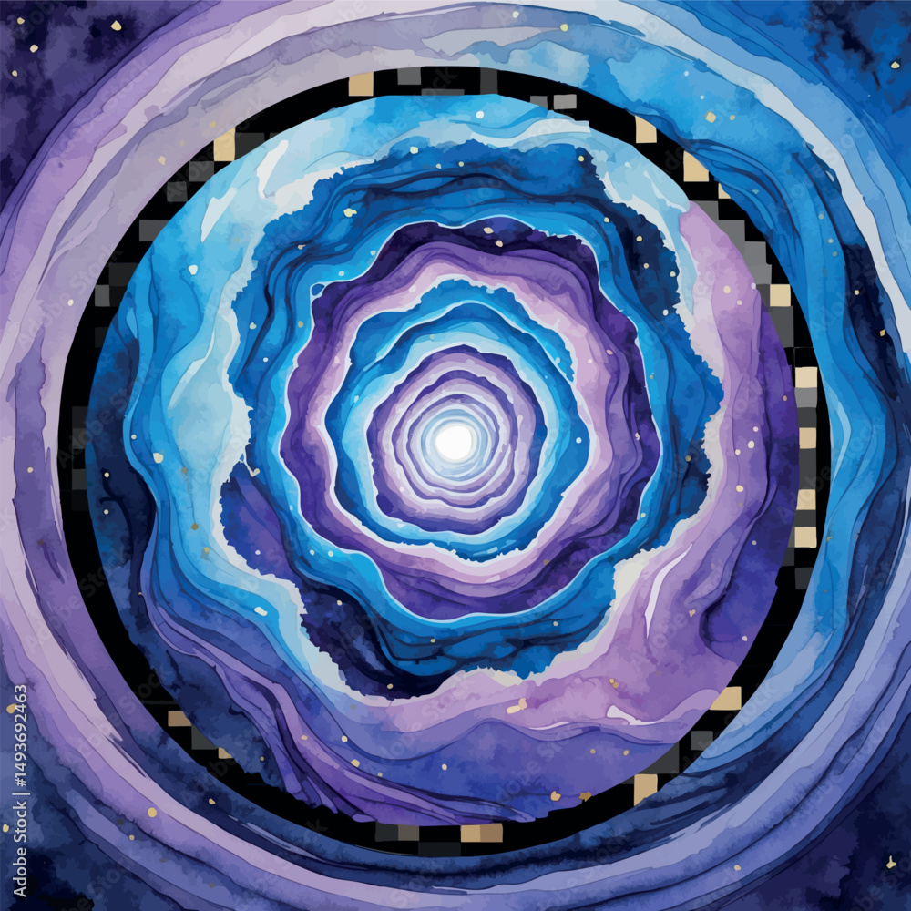 Poster pixel portal vector. watercolor vortex in fantasy style with pixel geometry.