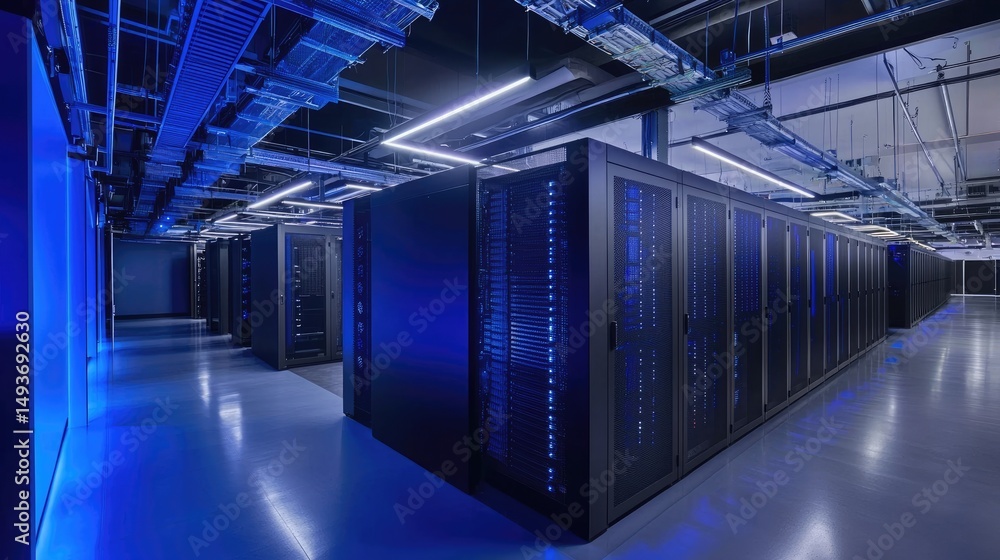 Poster Sleek modern data center with rows of black server cabinets and structured cable trays under bright overhead lights, representing advanced IT infrastructure and cloud networking