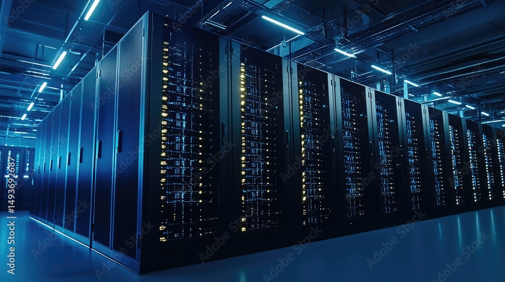 Aufkleber Modern large data center interior with rows of illuminated server cabinets under a high-tech ceiling, ideal for cloud infrastructure, enterprise computing, and cybersecurity visuals