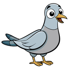 Cheerful cartoon pigeon with wide eyes stands smiling happily on a white backdrop