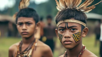 Side-by-side portrait of boys with face ornaments, one wears a feathered headband, both radiate pride in heritage, soft-focus village life behind them