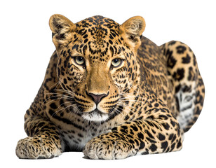 Obraz premium Leopard liegend isoliert auf weißen Hintergrund 
