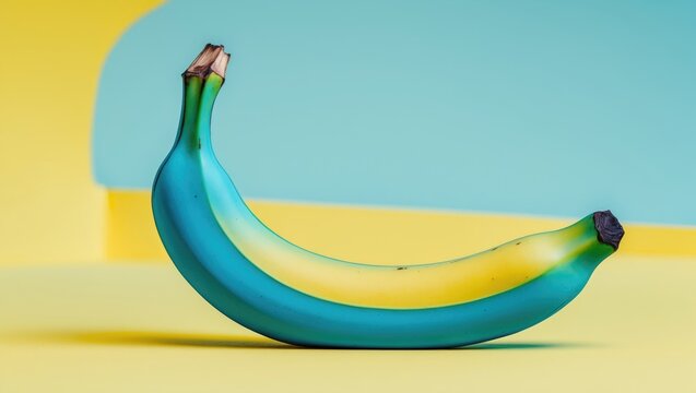 On a pastel yellow background, a blue java banana