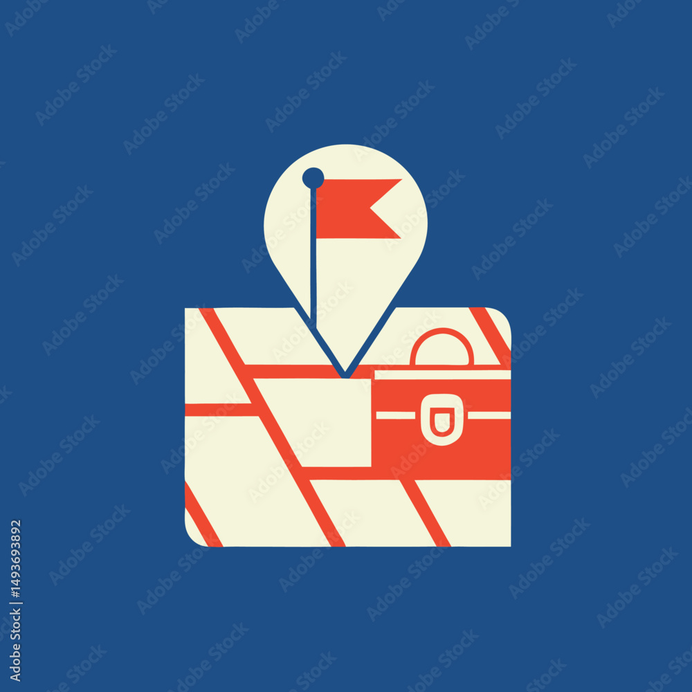 Poster minimalist map icon with pin and flag symbolizing location and destination