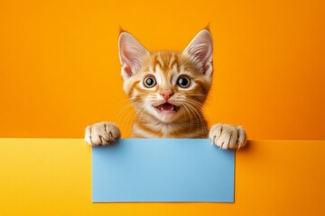 Cute cat in sign. Mascot pose in studio. Ð¡ute cat serengeti hold in front paws a template - large blue alley sign. Isolated feline infant on a solid dress code bright orange background.