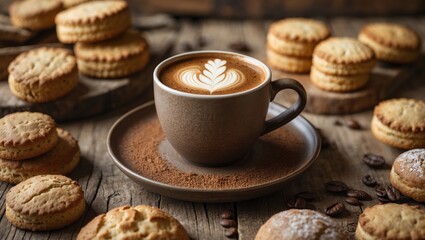 On a wooden surface, biscuits and a cup of espresso coffee.