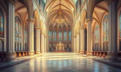 Obraz premium Gothic Cathedral Hall Interior with Vaulted Ceilings and Pointed Arches – Extreme Long Shot. Sacred Architecture
