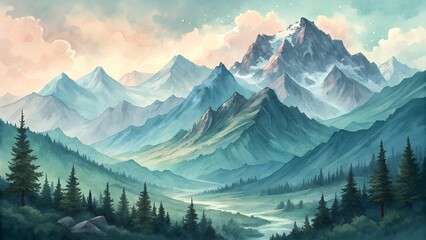 Fototapeta premium hand drawn watercolor painting of lake sunset. landscape painting with clear water, reflection, rocks, trees, lake surrounded by forest, rocky mountain background, sunlight and beautiful sunset sky
