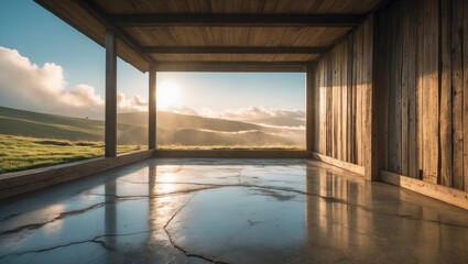 An area with a concrete flooring, a vacant wall of old wooden planks, a landscape view behind, and sunlight illuminating the room.