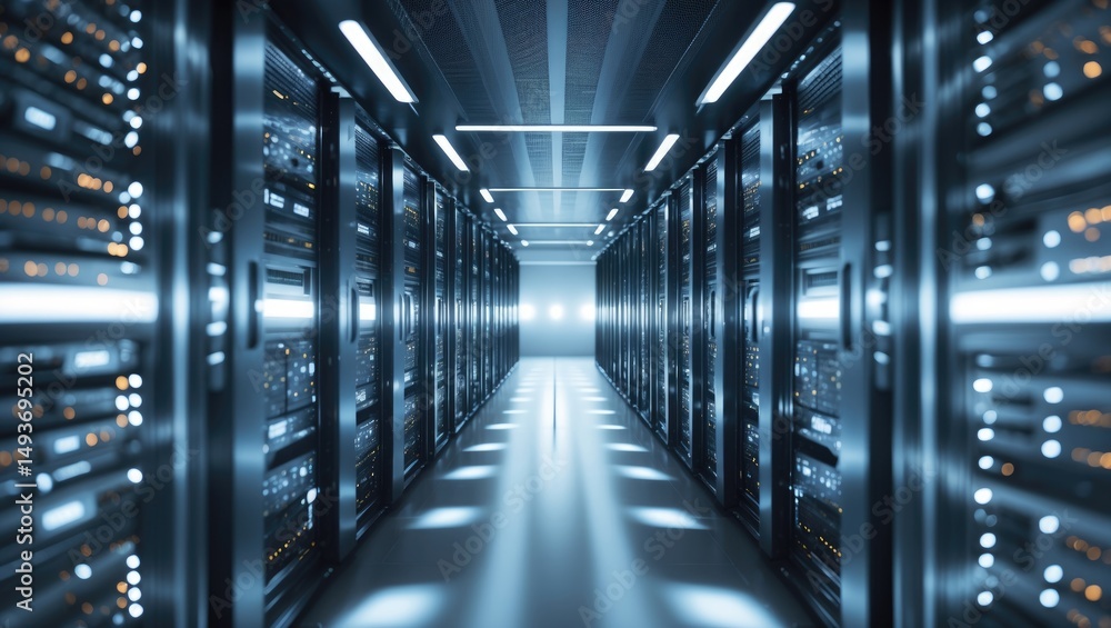 Poster overhead view of a server room displaying various forms and spots.