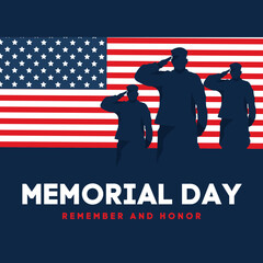 Memorial Day with American Flag Background Banner. Vector Illustration. U.S. Flag. United States Flag, USA army soldiers saluting, Greeting card for Veterans Day, Independence Day, Remember and Honor.