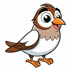 Cheerful cartoon bird with brown feathers and big eyes stands smiling happily