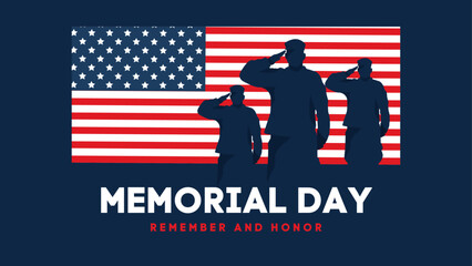 Memorial Day with American Flag Background Banner. Vector Illustration. U.S. Flag. United States Flag, USA army soldiers saluting, Greeting card for Veterans Day, Independence Day, Remember and Honor.