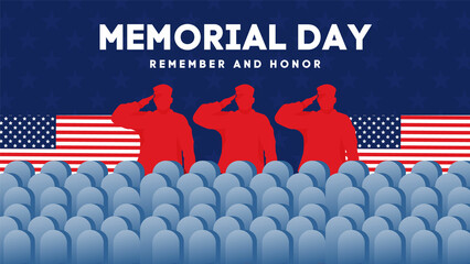 Memorial Day with American Flag Background Banner. Vector Illustration. U.S. Flag. United States Flag, USA army soldiers saluting, Greeting card for Veterans Day, Independence Day, Remember and Honor.