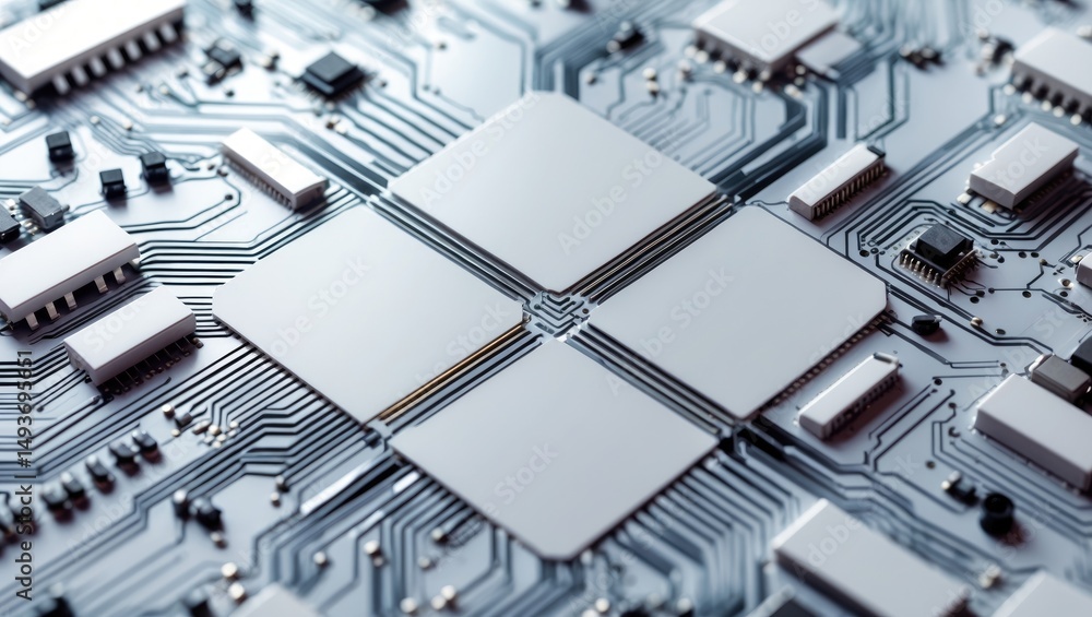 Aufkleber pattern of information blockchain technology on white circuit board.