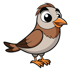 Cheerful cartoon sparrow with fluffy brown feathers, big black eyes, and an orange beak