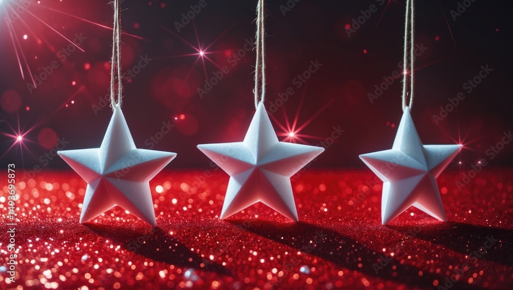 Poster red background with defocused bokeh lights and stars