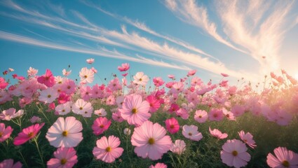 Obraz premium In full bloom, cosmos flowers shine under the mild sun, contrasted by a backdrop of clouds. The vivid petals flutter in the light breeze, crafting a peaceful and scenic view.