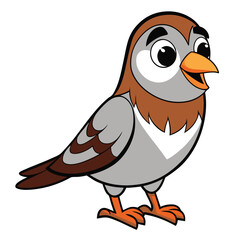 Cheerful cartoon sparrow featuring brown and gray plumage is smiling broadly toward the right side