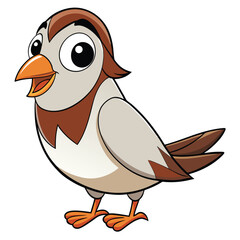 Cheerful cartoon sparrow stands happily, showcasing its brown and gray feathers with orange beak