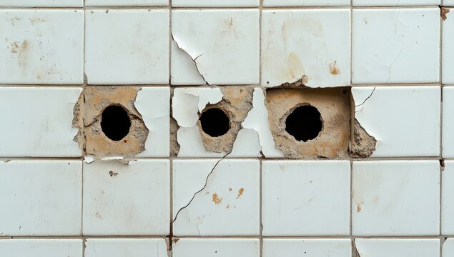 Damaged white tile wall with holes