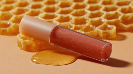Lip gloss tube lying on top of a honeycomb. the lip gloss is a light pink color and has a smooth texture. it is lying on a beige surface with a few honeycombs scattered around it.