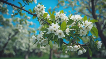 Fototapeta premium Lovely Branch on a Spring Day with Blooming Pear Flowers