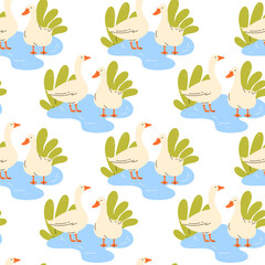 Seamless pattern of two geese in pond. Domestic animals outdoors. Poultry farming concept. Harmony with nature vibe. Cottagecore and rustic farm countryside aesthetic. Isolated vector illustration	
