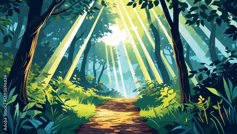 Poster forest path with immersive sunlight. stylized vector nature scene with depth and radiant light.