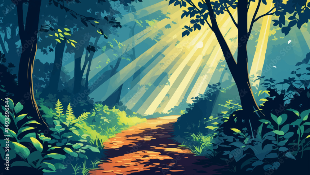 Poster forest path with immersive sunlight. stylized vector nature scene with depth and radiant light.