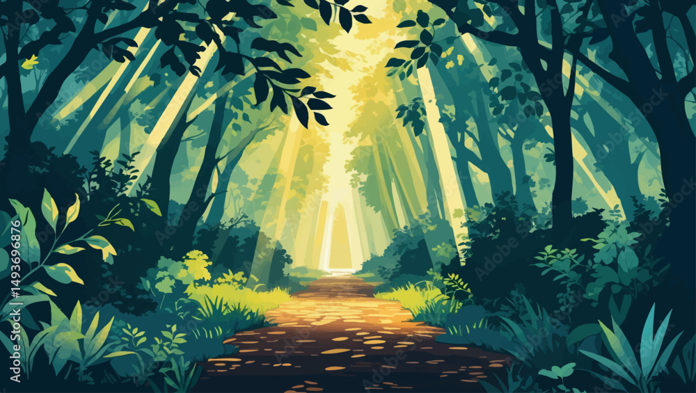 Poster forest path with immersive sunlight. stylized vector nature scene with depth and radiant light.