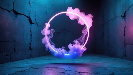Futuristic Sci-Fi Style Neon Circle Tube with Gradient Smoke on Dark Grunge Concrete and Glow Effect