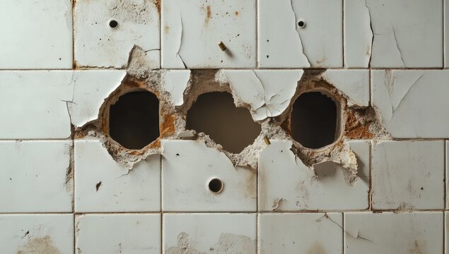 Damaged white tile wall with three holes