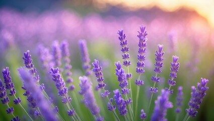 Lavender field during summer sunset with a pastel background.